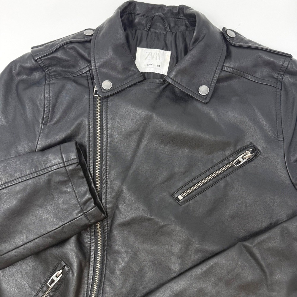 Zara Girls Size 13-14 Years 164cm Black Faux Leather Biker Moto Jacket